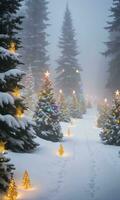 uma nebuloso tarde Visão do uma coberto de neve floresta com clareiras adornado de colorida Natal luzes dourado estrelas e grinaldas. ai gerado foto