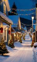 uma Nevado Vila rua às crepúsculo com casas adornado de colorida Natal luzes dourado sinos e grinaldas. ai gerado foto