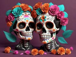 dois açúcar crânios com colorida flores ai gerado foto