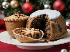 uma prato com uma bolinho e uma Natal árvore dentro a fundo. ai gerado foto