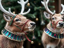 dois renas vestindo Natal decorações. ai gerado foto