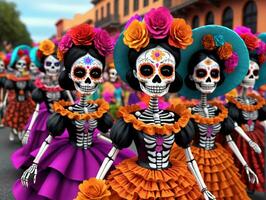 uma grupo do esqueletos dentro colorida vestidos. ai gerado foto