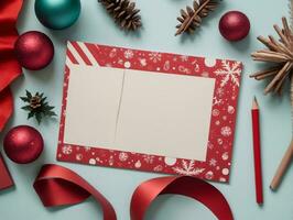 Natal cartão com vermelho fita e decorações. ai gerado foto