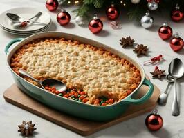uma prato do macarone com uma colher e Natal decorações. ai gerado foto
