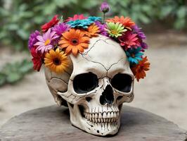 uma crânio com flores em Está cabeça. ai gerado foto