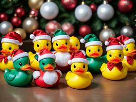uma grupo do borracha patos dentro frente do uma Natal árvore. ai gerado foto