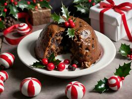 uma prato com uma chocolate coberto massa e uma Natal decoração. ai gerado foto