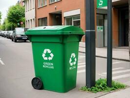 uma verde reciclando bin em a lado do uma rua. ai gerado foto