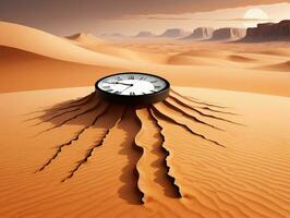 uma relógio dentro a deserto com uma deserto fundo. ai gerado foto
