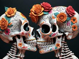 dois crânios com flores em seus cabeças. ai gerado foto