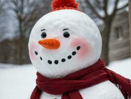 uma boneco de neve com uma vermelho cachecol e uma vermelho chapéu. ai gerado foto