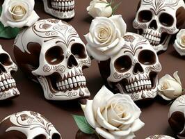 uma grupo do chocolate coberto crânios com branco rosas. ai gerado foto