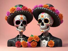 dois açúcar crânios dentro mexicano fantasias com flores ai gerado foto