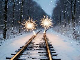 dois estrelinhas em uma trem rastrear dentro a neve. ai gerado foto