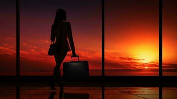 uma mulher em pé com uma mala de viagem contra uma lindo pôr do sol pano de fundo ai gerado foto