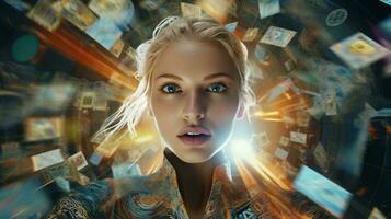 uma mulher com cativante azul olhos contra uma deslumbrante digital pano de fundo ai gerado foto