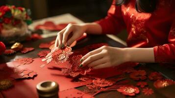 uma mulher dentro uma vermelho vestir criando papel flores com precisão e elegância ai gerado foto