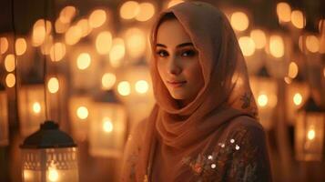 uma mulher vestindo uma hijab cercado de colorida lanternas ai gerado foto
