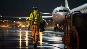 uma homem caminhando para a avião dentro uma vibrante amarelo Jaqueta ai gerado foto