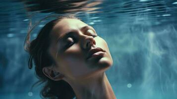 uma mulher flutuando pacificamente dentro a água com fechadas olhos ai gerado foto