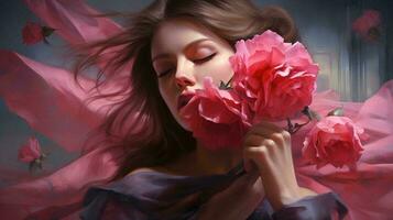 uma mulher segurando Rosa flores dentro uma vibrante e colorida pintura ai gerado foto