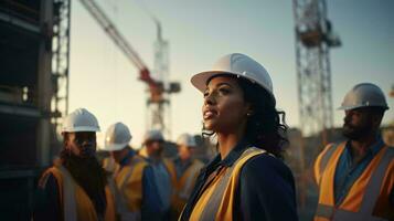 uma mulher dentro uma Difícil chapéu conduzindo uma equipe do construção trabalhadores ai gerado foto