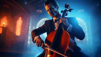 uma homem elegantemente jogando a violoncelo dentro uma formal configuração ai gerado foto