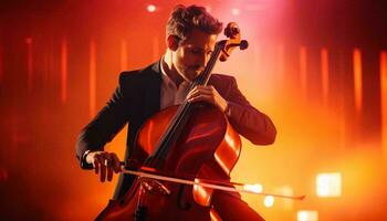 uma homem dentro uma smoking jogando uma violoncelo com paixão e elegância ai gerado foto