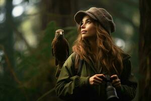 uma mulher segurando uma majestoso pássaro do presa dentro uma sereno floresta configuração ai gerado foto