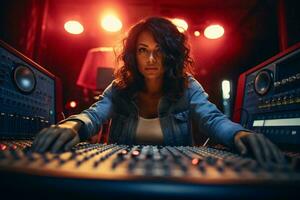 foto do uma mulher sentado às uma mistura escrivaninha dentro uma gravação estúdio ai gerado