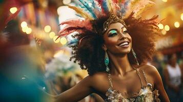 uma mulher dentro uma vibrante carnaval cocar, abraçando a festivo espírito ai gerado foto