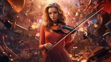 foto do uma mulher jogando uma violino dentro uma vermelho vestir ai gerado