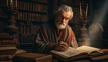 a idosos homem absorta dentro lendo uma livro dentro uma pacífico biblioteca configuração ai gerado foto
