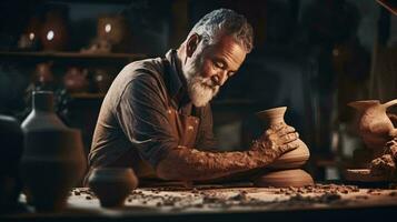 uma homem escultura uma vaso a partir de argila ai gerado foto