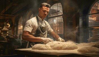 uma homem amassar massa em uma mesa para faço fresco pão ai gerado foto