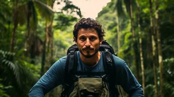 uma homem explorando a denso selva com uma mochila ai gerado foto