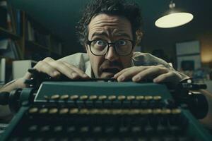 uma homem com óculos explorando a nostalgia do a velho máquina de escrever ai gerado foto