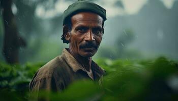 uma homem vestindo uma verde chapéu em pé dentro a chuva ai gerado foto