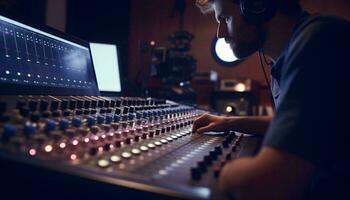 uma homem vestindo fones de ouvido dentro uma profissional gravação estúdio ai gerado foto