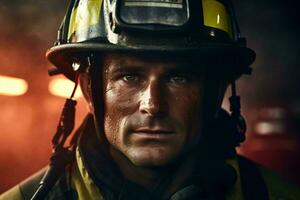 uma bombeiro vestindo uma capacete dentro açao ai gerado foto