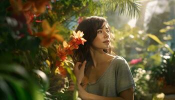 uma mulher em pé dentro frente do uma colorida ramalhete do flores ai gerado foto