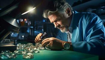 uma homem trabalhando em uma vidro arte peça dentro uma azul Jaqueta ai gerado foto