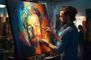uma homem pintura uma auto-retrato ai gerado foto