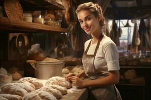 uma mulher em pé dentro frente do uma contador preenchidas com pão ai gerado foto