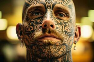uma homem com uma único facial tatuagem ai gerado foto
