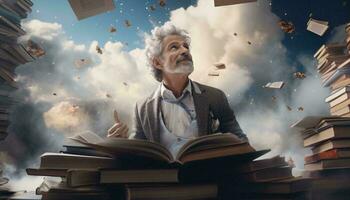uma homem absorta dentro uma mundo do conhecimento, cercado de uma mar do livros ai gerado foto