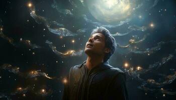 uma homem olhando às uma hipnotizante noite céu preenchidas com incontáveis estrelas ai gerado foto