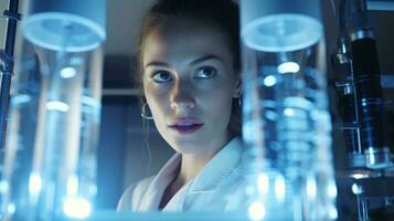 uma mulher cientista conduzindo pesquisa dentro uma laboratório ai gerado foto