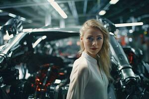 uma mulher posando dentro frente do uma carro às uma carro fabricação fábrica ai gerado foto