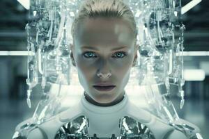 uma mulher dentro uma futurista terno com impressionante azul olhos ai gerado foto
